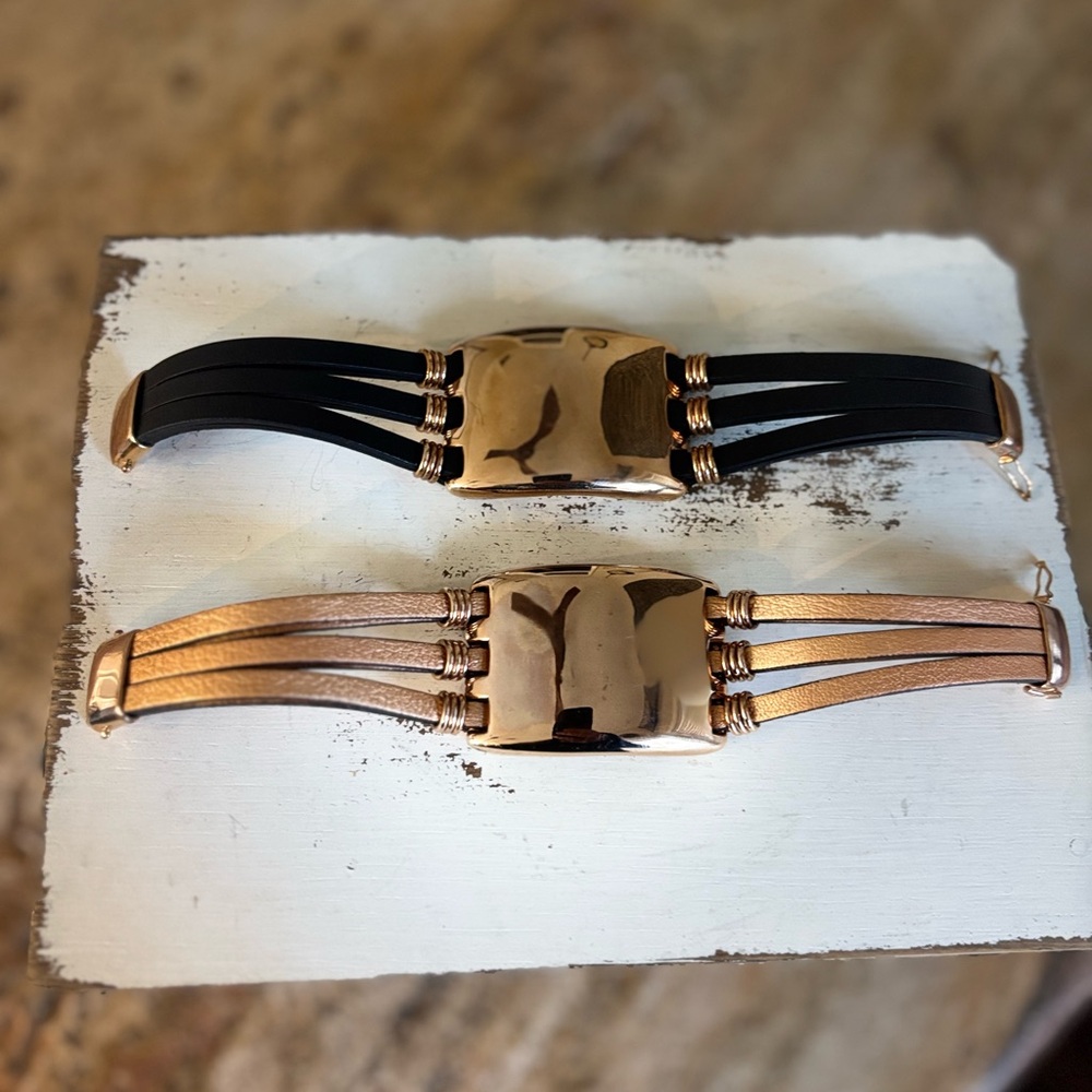 Milor Italian Bronze/Leather Bracelets. Set of 2